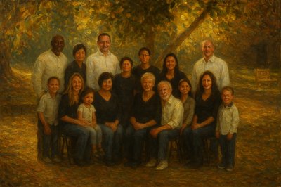 a painting of a family posing for a picture