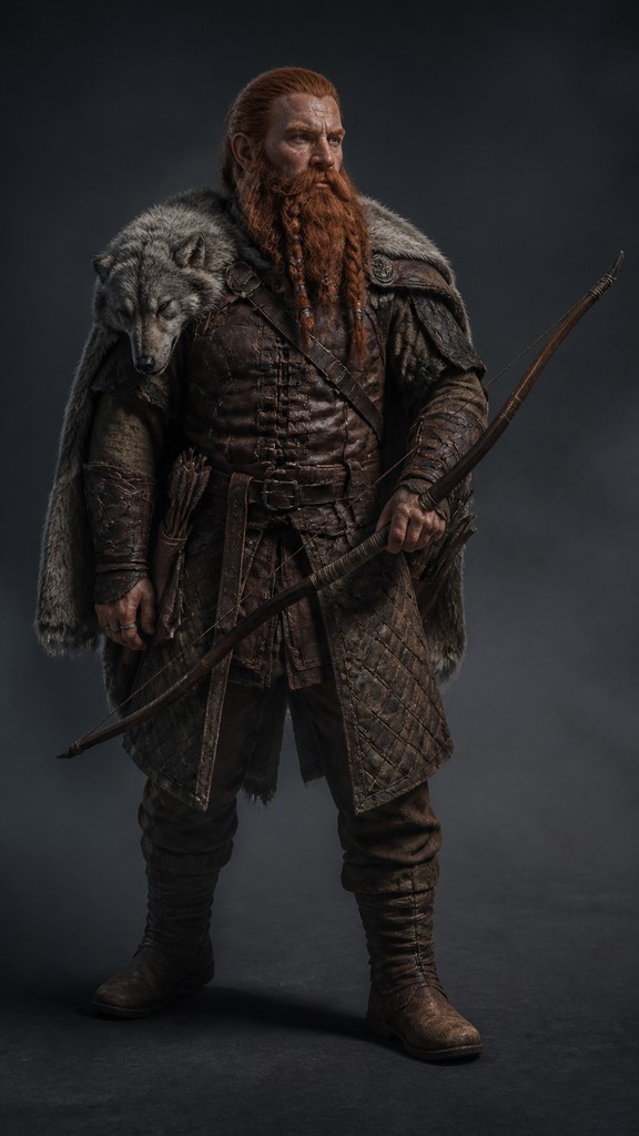 full-body original character: a dwarven ranger with a braided auburn beard, worn leather armor, a longbow and a wolf-pelt cloak, neutral background, no text