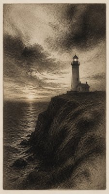 a lone lighthouse on a cliff at dusk under a dramatic sky, no text or lettering
