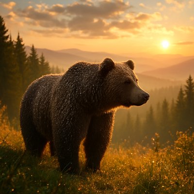 A grizzly bear on the edge of a forest on a mountain, overlooking a beautiful partly cloudy sky. Proverbs 17:12 KJV  Let a bear robbed of her whelps meet a man, rather than a fool in his folly.
