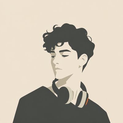 head-and-shoulders portrait of an original character: a young man with curly dark hair and headphones around his neck, plain backdrop, no text