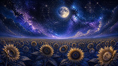 an endless field of sunflowers under summer clouds, no people