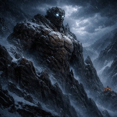 Gigantische, mythische Gestalt aus dunklem, rostbraunem Stein, halb mit dem Berg verschmolzen. Der „Eiserne Wächter“ steht reglos auf einem schroffen Gipfel des Braungipfelgebirges. Sein Körper wirkt wie aus massivem Fels gehauen, mit rissiger, verwitterter Oberfläche. Teile seines Körpers gehen direkt in die Klippen über, als wäre er aus dem Berg selbst gewachsen.
Seine Augen glimmen schwach in kaltem, bläulichem Licht. Schnee und Eis bedecken seine Schultern und Arme. Der Wind peitscht dichte Schneeflocken durch die Luft. Um ihn herum: steile, dunkle Felswände, verschneite Bergtäler, dichter Nebel zwischen den Schluchten.
Es ist tiefste Winternacht. Der Himmel ist wolkenverhangen, nur fahles Mondlicht bricht durch die Schneestürme. Unten in der Ferne sind kleine, warme Lichter von Burg Kronfels zu sehen, winzig im Vergleich zur monumentalen Figur.
Atmosphäre: ehrfurchtgebietend, mystisch, uralt, beschützend aber unheimlich. Cinematic lighting, dramatische Perspektive von unten, epische Größenwirkung, ultra detailed, realistic dark fantasy, 8k concept art, matte painting.