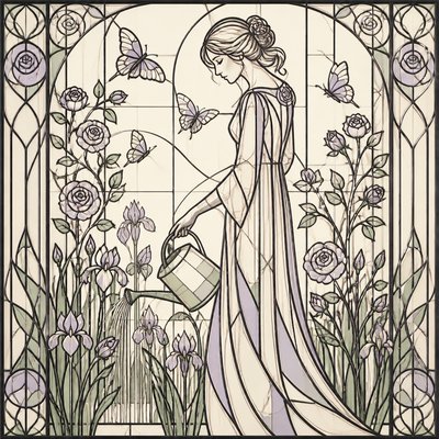 a garden scene with butterflies, flowers and a watering can, clean uncolored line art, no text