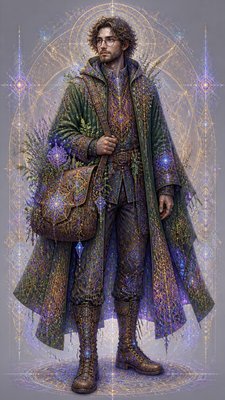 full-body original character: a wandering botanist with a satchel of plants, a patched green cloak, tall boots and round glasses, neutral background
