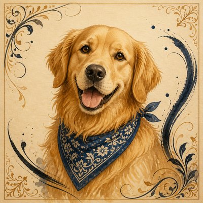 portrait of a golden retriever wearing a blue bandana, warm plain backdrop, no text