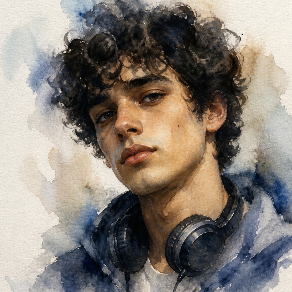 head-and-shoulders portrait of an original character: a young man with curly dark hair and headphones around his neck, plain backdrop, no text
