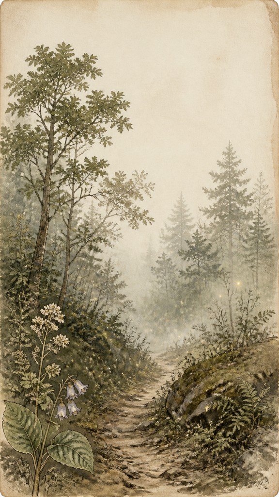 a mysterious forest path with fireflies and drifting mist, atmospheric vertical composition with open space at the top, no text