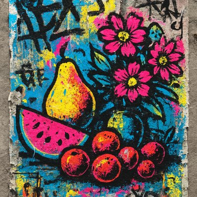 still life arrangement of fruits and flowers