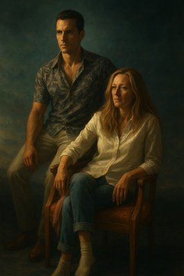 a painting of a man and a woman sitting on a chair