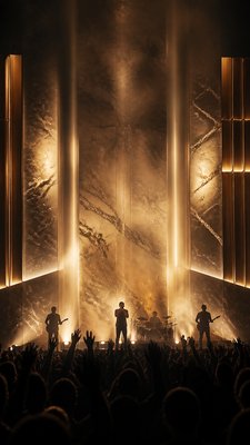 a live music scene with a glowing stage and silhouetted crowd, energetic vertical composition with open space at the top, no text
