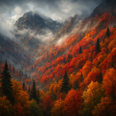A breathtaking and intensely dramatic cinematic landscape photograph based on the provided image of a mountain valley. The scene captures a majestic mountainside vibrant with dramatized autumn foliage, showcasing an explosion of rich, saturated reds, fiery oranges, and brilliant golds across the slopes. Interspersed among the deciduous trees are towering dark green evergreens, providing a striking contrast against the warm fall colors.

Wisps of ethereal mist or low-hanging clouds cling to the upper reaches and valleys of the mountain, adding depth and a sense of mystique. The sky above, partially visible, shows patches of dramatic, cloud-dappled blue peeking through, hinting at a powerful natural setting. The foreground features a mix of vibrant green and gold trees, framing the grand scale of the mountain.

The image uses vibrant color grading and dramatic contrast to enhance the luminosity and intensity of the fall colors, making them truly pop. The lighting is rich and moody, highlighting textures on the rocky cliffs and the varied foliage. The overall mood is one of awe-inspiring natural beauty, epic scale, and profound autumnal splendor, rendered with the high visual impact of a cinematic scene."