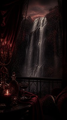 towering waterfall cascading down a cliff