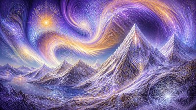 a flowing aurora over snowy peaks, wide sweeping composition, no people, no text