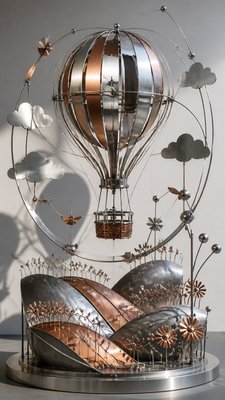 a hot air balloon drifting over rolling flower fields on a sunny day, cheerful, no text