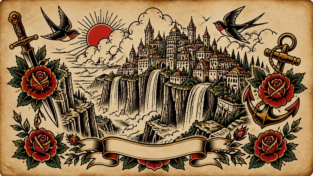 a cliffside city with waterfalls cascading into a misty canyon, wide establishing shot, no people, no text