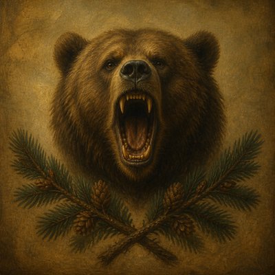 a roaring bear head above crossed pine branches, bold graphic composition on a plain background, no text