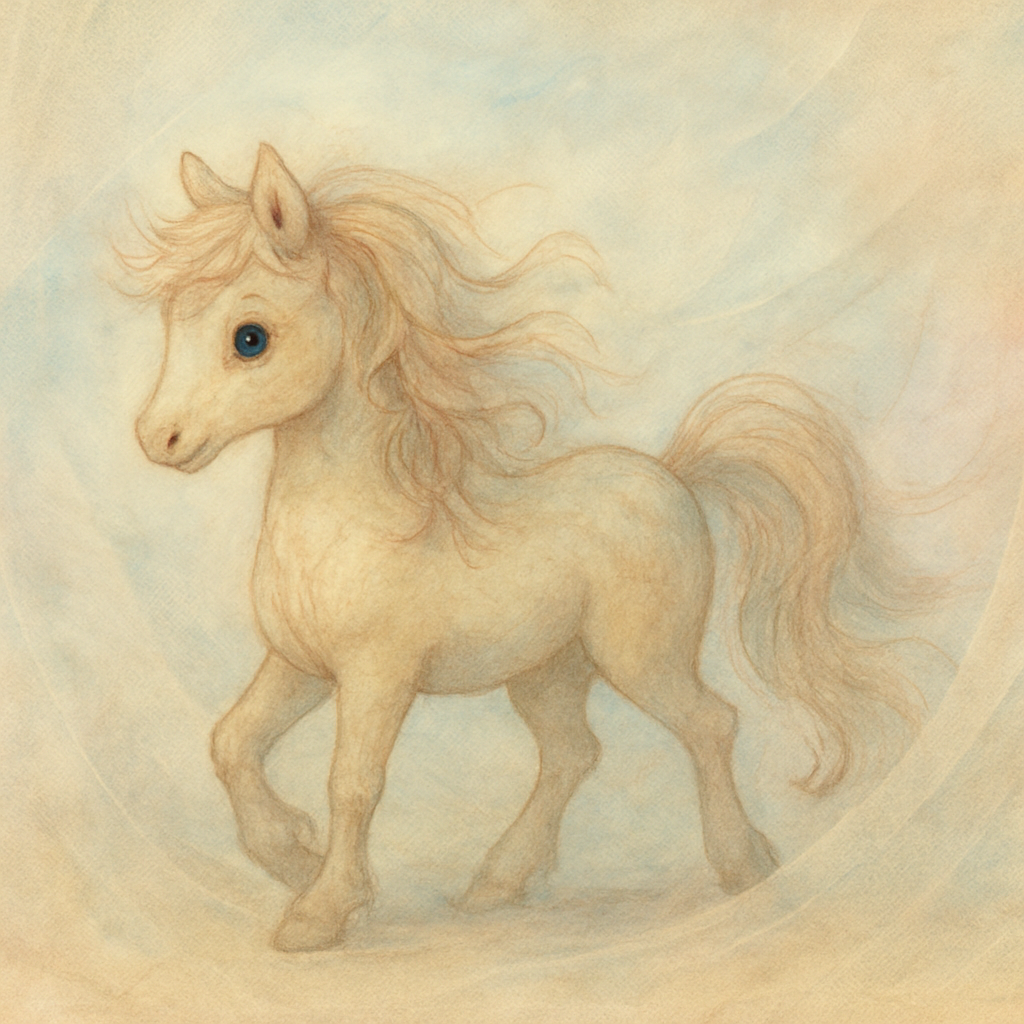 whimsical little horse, intricate details, watercolor-dream mood, gentle movement in the mane and tail, expressive eyes, cinematic depth and color