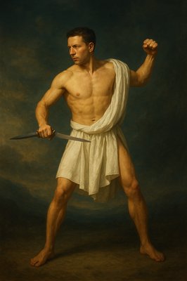 a painting of a man with a sword