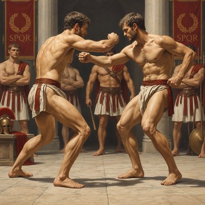a painting of two men fighting each other