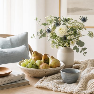 still life arrangement of fruits and flowers
