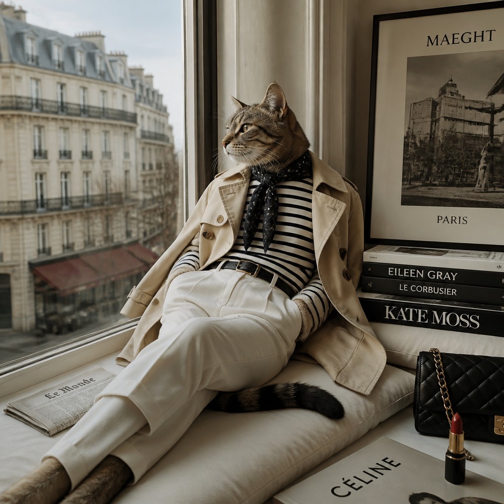 a cat lounging in a sunlit window — Parisian Chic Fashion Style