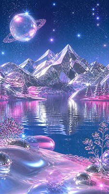 a tranquil mountain lake beneath a starry night sky, no people, no text