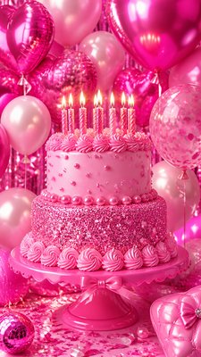 a birthday cake with lit candles surrounded by balloons and confetti, festive vertical composition, no text