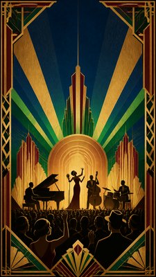 a live music scene with a glowing stage and silhouetted crowd, energetic vertical composition with open space at the top, no text