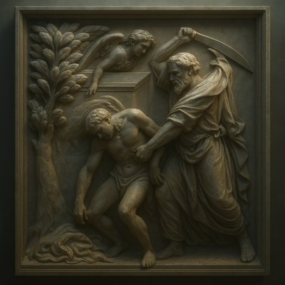 a sculpture of a man holding a knife next to another man