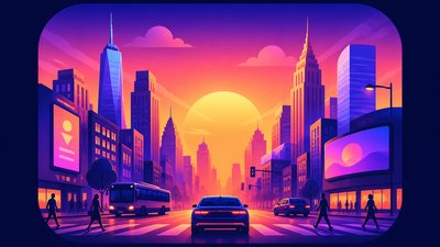 bustling city street panorama at dusk