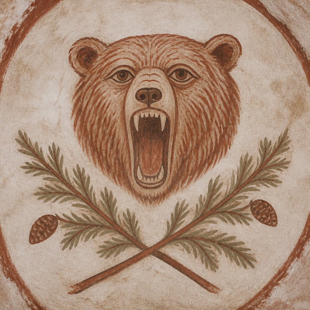 a roaring bear head above crossed pine branches, bold graphic composition on a plain background, no text