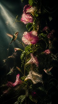 a climbing vine of flowers and hummingbirds on a dark background, tall wrapping composition, no text