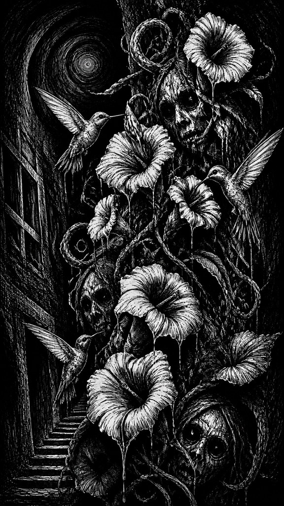 a climbing vine of flowers and hummingbirds on a dark background, tall wrapping composition, no text