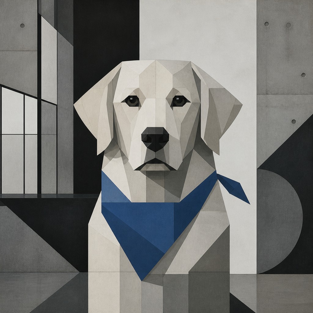 portrait of a golden retriever wearing a blue bandana, warm plain backdrop, no text