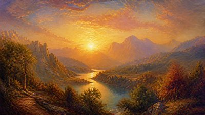 a vast valley with a river winding toward distant mountains at sunrise, no people, no text