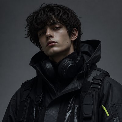 head-and-shoulders portrait of an original character: a young man with curly dark hair and headphones around his neck, plain backdrop, no text