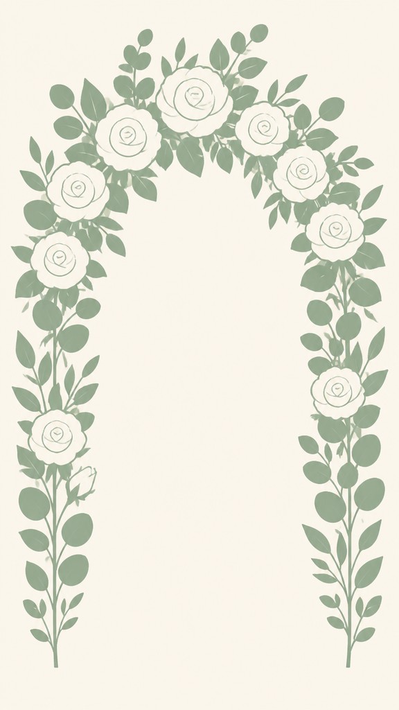 an arch of white roses and eucalyptus in soft morning light, elegant vertical composition with open space, no text