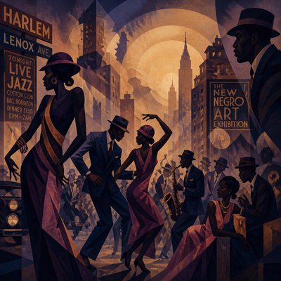 urban street with city activity — Harlem Renaissance Art Style