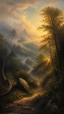 a mysterious forest path with fireflies and drifting mist, atmospheric vertical composition with open space at the top, no text