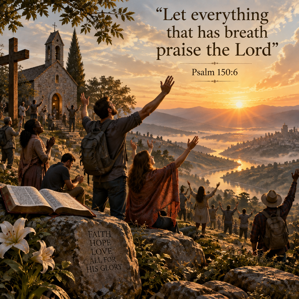 no animals - Christians praising God morning sunrise - use quote “Let everything that has breath praise the Lord” - Psalm 150:6