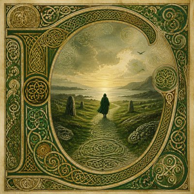 a solitary figure walking toward a glowing horizon across an empty plain, moody atmosphere, no text or lettering