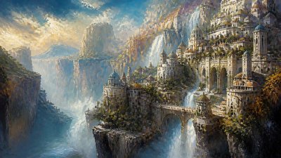 a cliffside city with waterfalls cascading into a misty canyon, wide establishing shot, no people, no text
