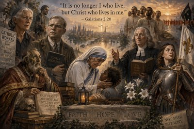 show Dorothy Day, Bonhoeffer, Augustine of Hippo, Mother Theresa, John Wesley, recent Coptic Martyrs, Joan of Arc. faith, hope, love,  and quote the Scripture verse “It is no longer I who live, but Christ who lives in me.”
 – Galatians 2:20 

