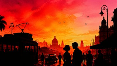 bustling city street panorama at dusk