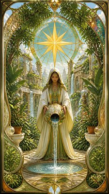 a robed figure pouring water beneath a large eight-pointed star in a night sky, symmetrical composition with an ornate decorative border, no text
