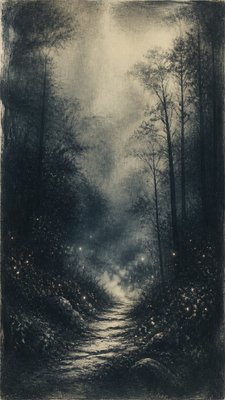 a mysterious forest path with fireflies and drifting mist, atmospheric vertical composition with open space at the top, no text