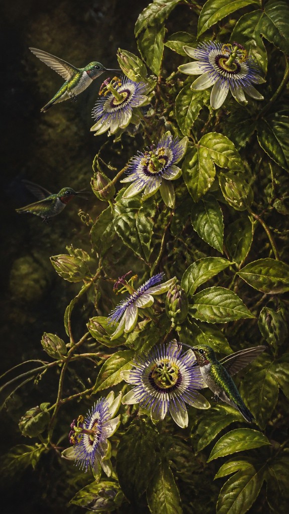 a climbing vine of flowers and hummingbirds on a dark background, tall wrapping composition, no text