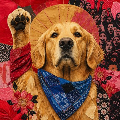 portrait of a golden retriever wearing a blue bandana, warm plain backdrop, no text