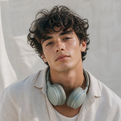 head-and-shoulders portrait of an original character: a young man with curly dark hair and headphones around his neck, plain backdrop, no text